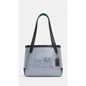 Coach Pebble Leather Tote 27 with Horse & Carriage Colorblock Blue & Green